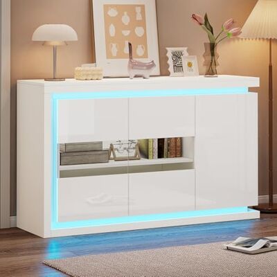 Merax Buffet en blanc brillant, moderne commode avec éclairage LED, placard de cuisine avec 3 portes, porte en verre unique, placard polyvalent pour salle à manger, salon - Publicité Merax Buffet en blanc brillant, moderne commode avec éclairage LED, placard de cuisine avec 3 portes, porte en verre unique, placard polyvalent pour salle à manger, salon - Publicité