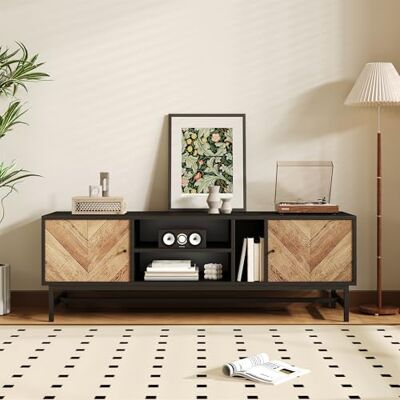 Merax Meuble TV 150 cm – Design Noir et Bois, avec Rangements Multiples, 2 Armoires, 2 Étagères Horizontales et 1 Verticale – Meuble TV Moderne et Fonctionnel pour Salon - Publicité Merax Meuble TV 150 cm – Design Noir et Bois, avec Rangements Multiples, 2 Armoires, 2 Étagères Horizontales et 1 Verticale – Meuble TV Moderne et Fonctionnel pour Salon - Publicité