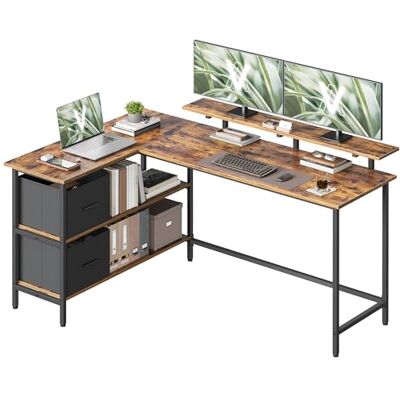 VASAGLE Bureau pour Ordinateur en Forme de L, Bureau d'angle, 2 Tiroirs Spacieux, Support de Moniteur, Étagère Réglable, 155 x 105 cm, Marron Rustique et Noir d’Encre LWD129K101 - Publicité VASAGLE Bureau pour Ordinateur en Forme de L, Bureau d'angle, 2 Tiroirs Spacieux, Support de Moniteur, Étagère Réglable, 155 x 105 cm, Marron Rustique et Noir d’Encre LWD129K101 - Publicité