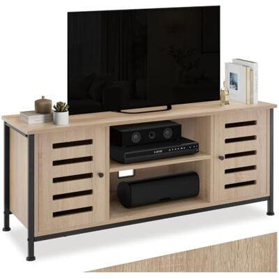 tectake ® Meuble TV 110 x 41,5 x 50,5 cm, Meuble Salon pour Television, 2 Compartiments Ouverts et 2 fermés par Porte, 4 encoches Pratiques, Etagere télévision, Banc TV Salon, Chambre, Bois Clair - Publicité tectake ® Meuble TV 110 x 41,5 x 50,5 cm, Meuble Salon pour Television, 2 Compartiments Ouverts et 2 fermés par Porte, 4 encoches Pratiques, Etagere télévision, Banc TV Salon, Chambre, Bois Clair - Publicité