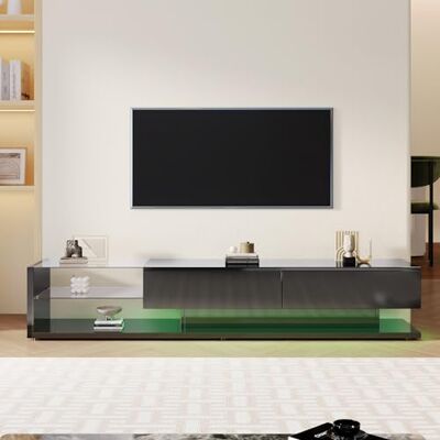 Merax Meuble TV bas en bois brillant Meuble de salon avec parois en verre et éclairage LED variable - Publicité Merax Meuble TV bas en bois brillant Meuble de salon avec parois en verre et éclairage LED variable - Publicité