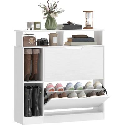 HOMCOM Meuble à Chaussures, Armoire à Chaussures Étroite avec 2 Tiroirs Rabattables, Compartiments Ouverts et Étagère Réglable, pour Couloir et Entrée, 89 x 25 x 92 cm, Blanc - Publicité HOMCOM Meuble à Chaussures, Armoire à Chaussures Étroite avec 2 Tiroirs Rabattables, Compartiments Ouverts et Étagère Réglable, pour Couloir et Entrée, 89 x 25 x 92 cm, Blanc - Publicité