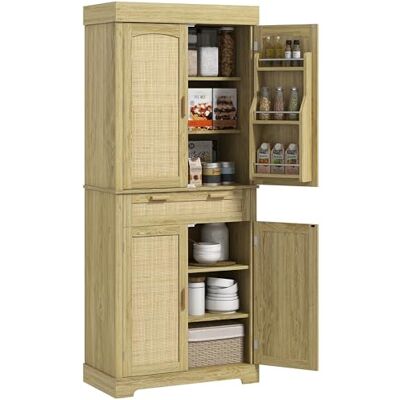 HOMCOM Buffet de cuisine haut style bohème avec 2 placards et un tiroir, armoire de cuisine en bois et rotin avec porte-épices, 76x40x183cm, chêne - Publicité HOMCOM Buffet de cuisine haut style bohème avec 2 placards et un tiroir, armoire de cuisine en bois et rotin avec porte-épices, 76x40x183cm, chêne - Publicité