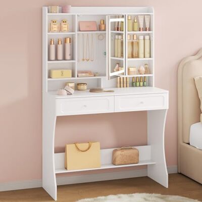 WOLTU Coiffeuse avec Miroir LED, 3 Couleurs, Table de Maquillage avec Étagères Ajustables, 8 Casiers Ouverts, 2 Tiroirs, Armoire à Bijoux, Design Moderne pour Dressing et Chambre, en Bois, Blanc - Publicité WOLTU Coiffeuse avec Miroir LED, 3 Couleurs, Table de Maquillage avec Étagères Ajustables, 8 Casiers Ouverts, 2 Tiroirs, Armoire à Bijoux, Design Moderne pour Dressing et Chambre, en Bois, Blanc - Publicité
