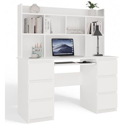 CDF Bureau Informatique Blanc avec Étagère Supérieure Bibliothèque 6 Tiroirs Tablette Clavier, Table de Travail Secrétaire Télétravail Ordinateur Chambre Ado Enfant Aesthetic, Taille 130x51x146 cm - Publicité CDF Bureau Informatique Blanc avec Étagère Supérieure Bibliothèque 6 Tiroirs Tablette Clavier, Table de Travail Secrétaire Télétravail Ordinateur Chambre Ado Enfant Aesthetic, Taille 130x51x146 cm - Publicité