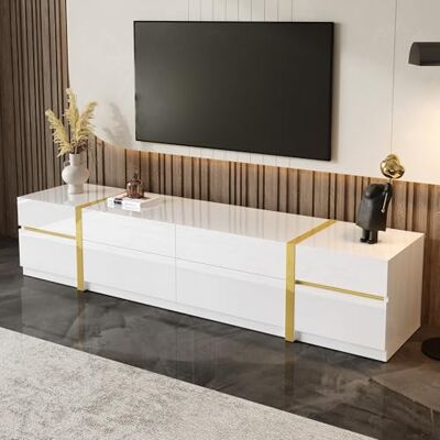 Merax Meuble TV 180 x 40 x 39 cm, avec finition brillante et bords dorés, meuble TV avec 4 tiroirs et 2 portes, meuble bas de luxe pour salon, matériau MDF, style moderne, blanc - Publicité Merax Meuble TV 180 x 40 x 39 cm, avec finition brillante et bords dorés, meuble TV avec 4 tiroirs et 2 portes, meuble bas de luxe pour salon, matériau MDF, style moderne, blanc - Publicité