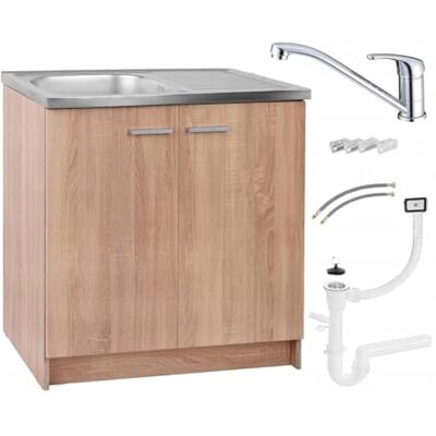Stamar Armoire de cuisine 80 cm Chêne Sonoma Robinet d'évier chromé 46 cm de profondeur Siphon prêt à monter Personnalisable - Publicité Stamar Armoire de cuisine 80 cm Chêne Sonoma Robinet d'évier chromé 46 cm de profondeur Siphon prêt à monter Personnalisable - Publicité