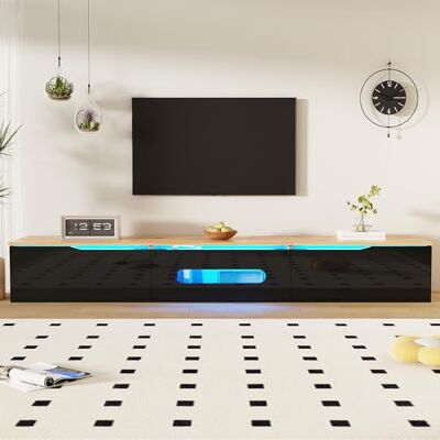 Merax Meuble TV LED brillant 180 cm Commande Bluetooth Montage mural possible Couleur bois + noir - Publicité Merax Meuble TV LED brillant 180 cm Commande Bluetooth Montage mural possible Couleur bois + noir - Publicité