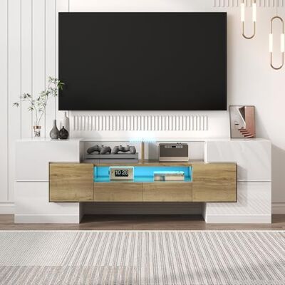 BTM Meuble TV LED, Longueur Moderne Meuble Télé Haut pour Salon, Banc TV avec Rangement, Charge 60kg, 150 (L) x30x50 cm, Blanc & Bois - Publicité BTM Meuble TV LED, Longueur Moderne Meuble Télé Haut pour Salon, Banc TV avec Rangement, Charge 60kg, 150 (L) x30x50 cm, Blanc & Bois - Publicité