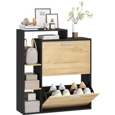HOMCOM Meuble à Chaussures 8 Paires, Armoire à Chaussures étroite avec 2 tiroirs rabattables, 3 Compartiments Ouverts et étagères réglables, Style Moderne, pour Couloir, entrée, 80x26x90cm, Noir - Publicité HOMCOM Meuble à Chaussures 8 Paires, Armoire à Chaussures étroite avec 2 tiroirs rabattables, 3 Compartiments Ouverts et étagères réglables, Style Moderne, pour Couloir, entrée, 80x26x90cm, Noir - Publicité