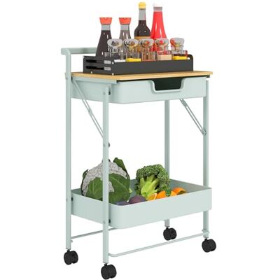 HOMCOM Chariot de cuisine à 2 niveaux avec tiroir et panier, Vert clair - Publicité HOMCOM Chariot de cuisine à 2 niveaux avec tiroir et panier, Vert clair - Publicité