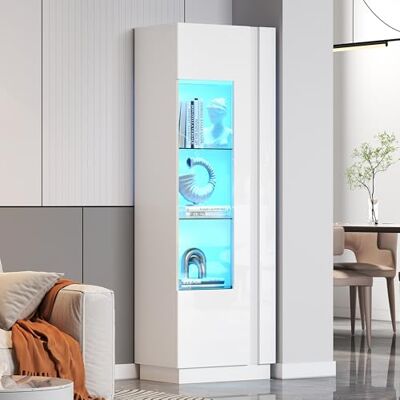 Merax Vitrine transparente avec éclairage LED Blanc brillant Avec porte en acrylique 3 étagères en verre 2 compartiments de rangement Pour salon, bureau 180 cm - Publicité Merax Vitrine transparente avec éclairage LED Blanc brillant Avec porte en acrylique 3 étagères en verre 2 compartiments de rangement Pour salon, bureau 180 cm - Publicité