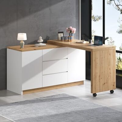 Merax Bureau d'ordinateur en forme de L avec roulettes pivotant et pliable, plateau de 4 cm d'épaisseur, bureau d'angle ou buffet, avec 3 tiroirs et 2 portes, blanc et couleur bois foncé - Publicité Merax Bureau d'ordinateur en forme de L avec roulettes pivotant et pliable, plateau de 4 cm d'épaisseur, bureau d'angle ou buffet, avec 3 tiroirs et 2 portes, blanc et couleur bois foncé - Publicité