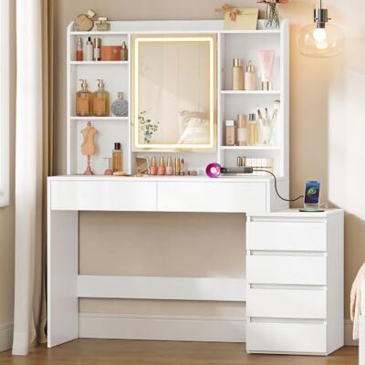 VASAGLE Coiffeuse avec Miroir LED, Luminosité Réglable, Multiprise, Table de Maquillage, 40 x 118,3 x 145 cm, Compartiments Ouverts, Étagères Réglables, Moderne, Blanc Nuage, Kailyn RDT644WB01 - Publicité VASAGLE Coiffeuse avec Miroir LED, Luminosité Réglable, Multiprise, Table de Maquillage, 40 x 118,3 x 145 cm, Compartiments Ouverts, Étagères Réglables, Moderne, Blanc Nuage, Kailyn RDT644WB01 - Publicité