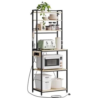 WOLTU Étagère Cuisine avec Multiprise, 6 Niveaux Support Micro-Ondes avec Étagère Réglable & 6 Crochets, Rangement Cuisine, Cadre en Métal & Bois d'Ingénierie, Noir+Chêne Clair, 60x39,5x167cm - Publicité WOLTU Étagère Cuisine avec Multiprise, 6 Niveaux Support Micro-Ondes avec Étagère Réglable & 6 Crochets, Rangement Cuisine, Cadre en Métal & Bois d'Ingénierie, Noir+Chêne Clair, 60x39,5x167cm - Publicité