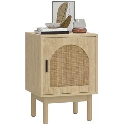 HOMCOM Table de chevet en rotin, style bohème, avec étagère réglable, pieds en bois massif, table d'appoint pour salon, chambre à coucher, bois naturel - Publicité HOMCOM Table de chevet en rotin, style bohème, avec étagère réglable, pieds en bois massif, table d'appoint pour salon, chambre à coucher, bois naturel - Publicité