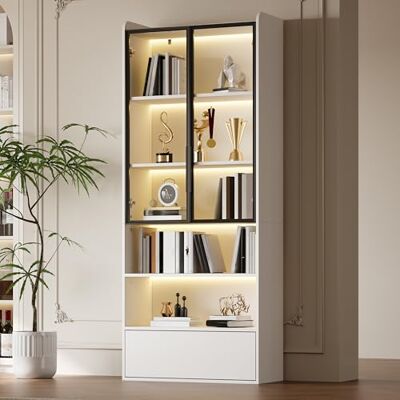 Merax Vitrine LED 80x34x180 cm Blanc – Meuble Vitrine Haut avec 1 Tiroir, Portes en Verre, Étagères Compartimentées,Highboard Armoire de Rangement Salon - Publicité Merax Vitrine LED 80x34x180 cm Blanc – Meuble Vitrine Haut avec 1 Tiroir, Portes en Verre, Étagères Compartimentées,Highboard Armoire de Rangement Salon - Publicité