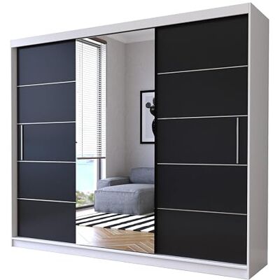 Fabryka Mebli Idźczak Armoire à Portes Coulissantes Alba 250 cm Avec Miroir, Rangement Avec Tringle et Étagère, Penderie Blanc/Noir - Publicité Fabryka Mebli Idźczak Armoire à Portes Coulissantes Alba 250 cm Avec Miroir, Rangement Avec Tringle et Étagère, Penderie Blanc/Noir - Publicité