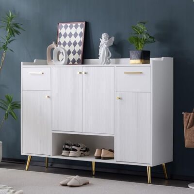 BTM Rangement à Chaussures, étagère avec 2 tiroirs et 4 Portes, Pieds métalliques, Dimensions: B130/W37/H100, Blanc - Publicité BTM Rangement à Chaussures, étagère avec 2 tiroirs et 4 Portes, Pieds métalliques, Dimensions: B130/W37/H100, Blanc - Publicité