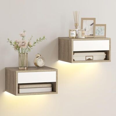 HOMCOM Lot de 2 tables de chevet suspendues avec éclairage LED RGB contrôle par application, tables de nuit murales avec compartiment ouvert et 1 tiroir, pour chambre, salon, 37x32x21cm, teck et blanc - Publicité HOMCOM Lot de 2 tables de chevet suspendues avec éclairage LED RGB contrôle par application, tables de nuit murales avec compartiment ouvert et 1 tiroir, pour chambre, salon, 37x32x21cm, teck et blanc - Publicité