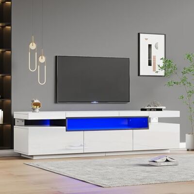 BTM Meuble TV Blanc avec Eclairage LED 16 Couleurs, Meuble TV Moderne avec 3 Tiroirs, pour Salon ou Chambre, Banc TV pour Télé de 70 Pouces, Charge 50 kg, 160x39x42cm - Publicité BTM Meuble TV Blanc avec Eclairage LED 16 Couleurs, Meuble TV Moderne avec 3 Tiroirs, pour Salon ou Chambre, Banc TV pour Télé de 70 Pouces, Charge 50 kg, 160x39x42cm - Publicité