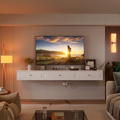 Artifyshore Meuble TV flottant de 140 cm avec 3 portes, console multimédia, meuble de rangement moderne avec gestion des câbles pour salon, chambre à coucher, pour téléviseurs jusqu'à 65", blanc - Publicité Artifyshore Meuble TV flottant de 140 cm avec 3 portes, console multimédia, meuble de rangement moderne avec gestion des câbles pour salon, chambre à coucher, pour téléviseurs jusqu'à 65", blanc - Publicité
