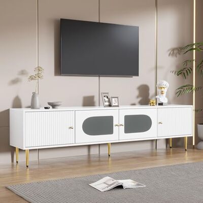 Merax Meuble TV bas 170 cm 4 compartiments de rangement Moderne avec porte en verre mat Élégant meuble TV Hi-Fi pour salon, chambre à coucher Blanc - Publicité Merax Meuble TV bas 170 cm 4 compartiments de rangement Moderne avec porte en verre mat Élégant meuble TV Hi-Fi pour salon, chambre à coucher Blanc - Publicité