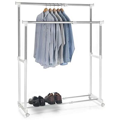IDIMEX Portant à vêtements CASA en métal chromé et Blanc, penderie Double sur roulettes vestiaire Mobile avec 2 Barres Hauteur et Longueur réglables - Publicité IDIMEX Portant à vêtements CASA en métal chromé et Blanc, penderie Double sur roulettes vestiaire Mobile avec 2 Barres Hauteur et Longueur réglables - Publicité