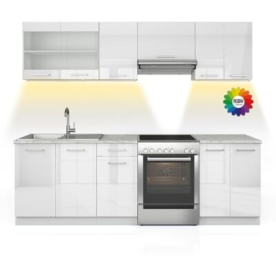 Vicco Ligne de Cuisine Raul, Blanc Brillant/Blanc, 240cm, PT Marbre avec Bande LED, combinable de manière Flexible avec des éléments modulaires - Publicité Vicco Ligne de Cuisine Raul, Blanc Brillant/Blanc, 240cm, PT Marbre avec Bande LED, combinable de manière Flexible avec des éléments modulaires - Publicité