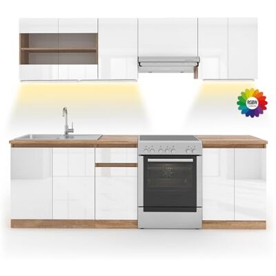 Vicco Ligne de Cuisine Raul, Blanc Brillant/Blanc, 240cm, PT Sonoma avec Bande LED, avec modules à Position Variable et Pieds réglables en Hauteur - Publicité Vicco Ligne de Cuisine Raul, Blanc Brillant/Blanc, 240cm, PT Sonoma avec Bande LED, avec modules à Position Variable et Pieds réglables en Hauteur - Publicité