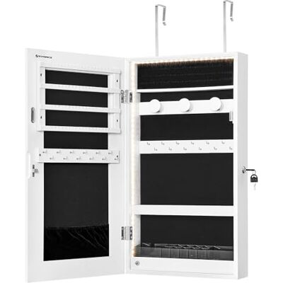 SONGMICS Armoire à Bijoux Miroir avec Éclairage LED Intégré, Rangement pour Bijoux Mural ou à Suspendre sur Une Porte, Armoire Miroir Suspendue 9,7 x 37 x 67 cm, Blanc JJC050W01 - Publicité SONGMICS Armoire à Bijoux Miroir avec Éclairage LED Intégré, Rangement pour Bijoux Mural ou à Suspendre sur Une Porte, Armoire Miroir Suspendue 9,7 x 37 x 67 cm, Blanc JJC050W01 - Publicité