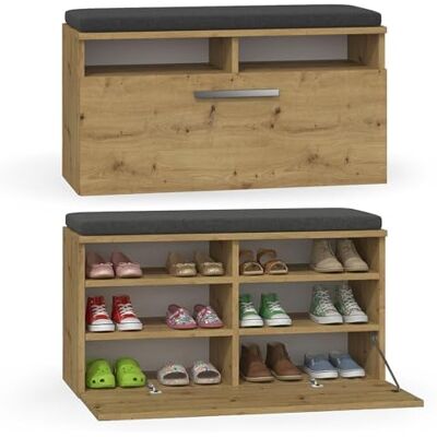 CDF Meuble à Chaussures avec Banc intégré, Coussin d'assise, Banc d'entrée, Coffre à Chaussures, Armoire-Banc avec Porte battante, 6 Compartiments, mobilier d'entrée 85 x 35 x 46 cm Chêne Artisanal - Publicité CDF Meuble à Chaussures avec Banc intégré, Coussin d'assise, Banc d'entrée, Coffre à Chaussures, Armoire-Banc avec Porte battante, 6 Compartiments, mobilier d'entrée 85 x 35 x 46 cm Chêne Artisanal - Publicité