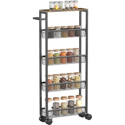 HOMCOM Chariot de Cuisine à 5 Niveaux Chariot étroit avec Plan de Travail Aspect Bois roulettes Poignée Cadre en métal pour Salle à Manger 47 x 13 x 96,5 cm Noir - Publicité HOMCOM Chariot de Cuisine à 5 Niveaux Chariot étroit avec Plan de Travail Aspect Bois roulettes Poignée Cadre en métal pour Salle à Manger 47 x 13 x 96,5 cm Noir - Publicité