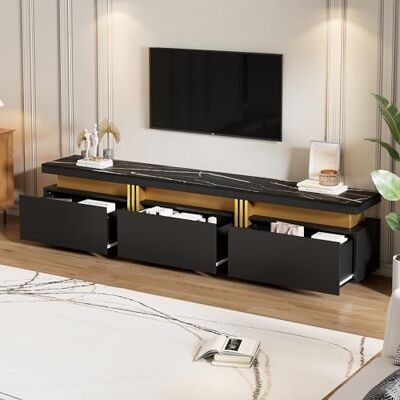 BTM Meuble TV Imitation Marbre, Moderne avec 3 Tiroirs, Lignes Dorées, pour Max 90 Pouces, Charge 30kg, 200x40x42cm, Noir et Or - Publicité BTM Meuble TV Imitation Marbre, Moderne avec 3 Tiroirs, Lignes Dorées, pour Max 90 Pouces, Charge 30kg, 200x40x42cm, Noir et Or - Publicité