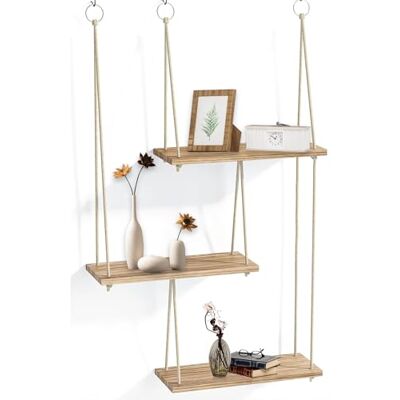 JSUOEO Étagères murales, Étagère de rangement flottante en bois bohème à 3 niveaux avec corde pour décoration murale et suspension de petites plantes pour chambre, salon, cuisine, chambre d'enfant - Publicité JSUOEO Étagères murales, Étagère de rangement flottante en bois bohème à 3 niveaux avec corde pour décoration murale et suspension de petites plantes pour chambre, salon, cuisine, chambre d'enfant - Publicité