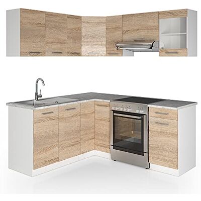 Vicco Cuisine d'angle Rick, Sonoma/Blanc, 190x60cm, PT Marbre, avec des éléments modulaires Extensibles pour Une Planification de Cuisine Flexible - Publicité Vicco Cuisine d'angle Rick, Sonoma/Blanc, 190x60cm, PT Marbre, avec des éléments modulaires Extensibles pour Une Planification de Cuisine Flexible - Publicité