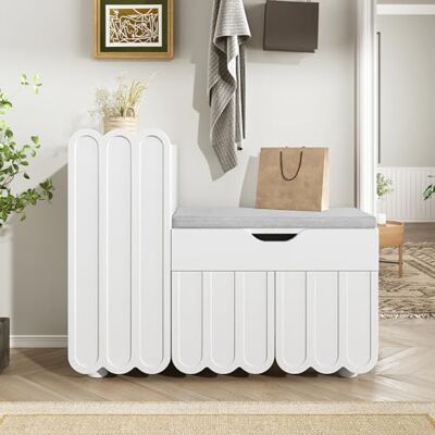 ModernLuxe Meuble à Chaussures Blanc avec siège rembourré, Armoire 3 Portes avec tiroir, Banc d’entrée Compact – 90x35x74,5 cm - Publicité ModernLuxe Meuble à Chaussures Blanc avec siège rembourré, Armoire 3 Portes avec tiroir, Banc d’entrée Compact – 90x35x74,5 cm - Publicité