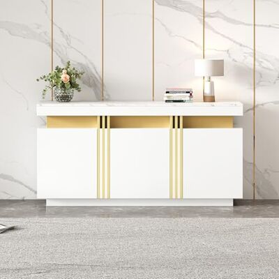 BTM Sideboard Blanc 140x38x70 cm 3 Portes, Étagères Réglables Lignes Platine, Grifflos - Publicité BTM Sideboard Blanc 140x38x70 cm 3 Portes, Étagères Réglables Lignes Platine, Grifflos - Publicité