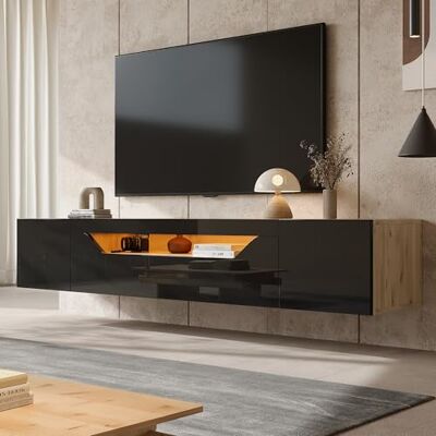 Merax Meuble TV bas, Lowboard brillant suspendu avec LED, meuble TV avec porte pliante, support TV pour écrans de 75 pouces, étagères murales TV de 180 cm pour salon, salle à manger, Noir & couleur - Publicité Merax Meuble TV bas, Lowboard brillant suspendu avec LED, meuble TV avec porte pliante, support TV pour écrans de 75 pouces, étagères murales TV de 180 cm pour salon, salle à manger, Noir & couleur - Publicité