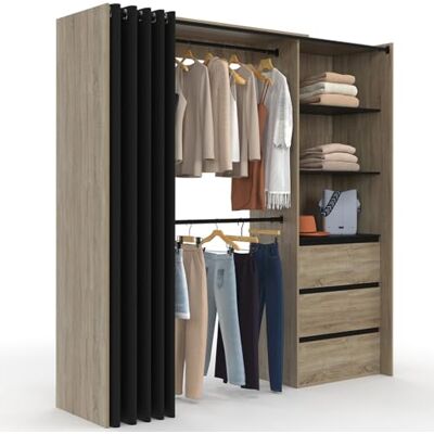 IDMarket Dressing extensible MARTY 120/170 x 50 x 180 cm hêtre avec 3 tiroirs + étagères + double penderie + rideau noir - Publicité IDMarket Dressing extensible MARTY 120/170 x 50 x 180 cm hêtre avec 3 tiroirs + étagères + double penderie + rideau noir - Publicité