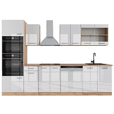 Vicco Cuisine R-Line, Blanc Brillant/Chêne doré, 300cm avec Armoire Haute, PT Chêne, pour Une Extension personnalisée avec des modules complémentaires compatibles - Publicité Vicco Cuisine R-Line, Blanc Brillant/Chêne doré, 300cm avec Armoire Haute, PT Chêne, pour Une Extension personnalisée avec des modules complémentaires compatibles - Publicité