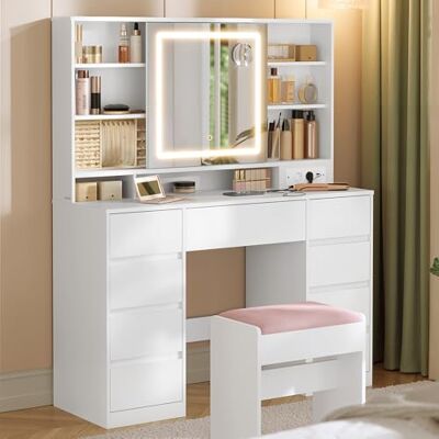 VASAGLE Kailyn Collection Coiffeuse avec Miroir LED et Tabouret, Multiprise, 9 Tiroirs, Loupe 10x, Rangement Bijoux, Éclairage 3 Couleurs, Installation des Rails sans Outils, Blanc Nuage RDT737W01 - Publicité VASAGLE Kailyn Collection Coiffeuse avec Miroir LED et Tabouret, Multiprise, 9 Tiroirs, Loupe 10x, Rangement Bijoux, Éclairage 3 Couleurs, Installation des Rails sans Outils, Blanc Nuage RDT737W01 - Publicité