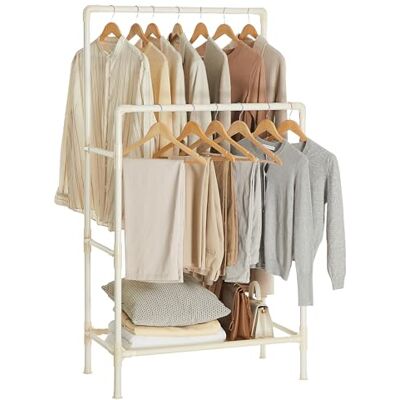 SONGMICS Portant à Vêtements Double Barre, Porte-manteau, Penderie, Organisateur, en Métal, avec Étagère de Rangement à 2 Niveaux, Charge 55 kg, Montage Facile, Blanc RDR01WT - Publicité SONGMICS Portant à Vêtements Double Barre, Porte-manteau, Penderie, Organisateur, en Métal, avec Étagère de Rangement à 2 Niveaux, Charge 55 kg, Montage Facile, Blanc RDR01WT - Publicité