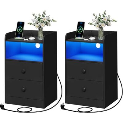 WOLTU Lot de 2 Table de Chevet avec Prises Électriques, Ports USB et Lumière LED, Table d'Appoint avec Tiroirs et Compartiment Ouvert, Table de Canapé en Panneaux E1, Noir, NTS07sz-2 - Publicité WOLTU Lot de 2 Table de Chevet avec Prises Électriques, Ports USB et Lumière LED, Table d'Appoint avec Tiroirs et Compartiment Ouvert, Table de Canapé en Panneaux E1, Noir, NTS07sz-2 - Publicité
