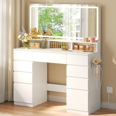 WOLTU Coiffeuse avec Grand Miroir LED et Miroir Grossissant, Table de Maquillage avec Station de Charge, 9 Tiroirs, 3 Étagères & Support Sèche-Cheveux, Meuble Moderne en Bois pour Chambre, Blanche - Publicité WOLTU Coiffeuse avec Grand Miroir LED et Miroir Grossissant, Table de Maquillage avec Station de Charge, 9 Tiroirs, 3 Étagères & Support Sèche-Cheveux, Meuble Moderne en Bois pour Chambre, Blanche - Publicité