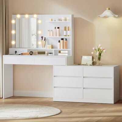 VASAGLE Kailyn Collection Coiffeuse avec Miroir LED et Multiprise, 9 Ampoules, 8 Tiroirs, 3 Étagères, Éclairage 3 Couleurs, Modulable en Ligne ou en L, Table de Maquillage, Blanc Nuage RDT140WB01 - Publicité VASAGLE Kailyn Collection Coiffeuse avec Miroir LED et Multiprise, 9 Ampoules, 8 Tiroirs, 3 Étagères, Éclairage 3 Couleurs, Modulable en Ligne ou en L, Table de Maquillage, Blanc Nuage RDT140WB01 - Publicité