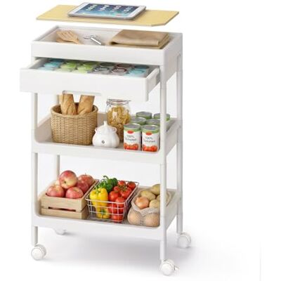 SONGMICS Chariot de Rangement, 3 Niveaux, Desserte sur roulettes, Étagère, avec Plateau Amovible et Tiroir, en Plastique, Montage Facile, Cuisine, Blanc et Doré Chêne BSC069W101 - Publicité SONGMICS Chariot de Rangement, 3 Niveaux, Desserte sur roulettes, Étagère, avec Plateau Amovible et Tiroir, en Plastique, Montage Facile, Cuisine, Blanc et Doré Chêne BSC069W101 - Publicité