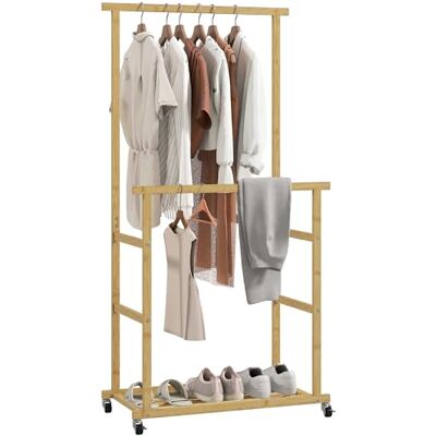 HOMCOM Portant à vêtements à roulettes, porte-manteau double barre en bambou avec étagère de rangement inférieure, penderie vêtement pour chambre, buanderie, 80 x 40 x 160 cm, bois naturel - Publicité HOMCOM Portant à vêtements à roulettes, porte-manteau double barre en bambou avec étagère de rangement inférieure, penderie vêtement pour chambre, buanderie, 80 x 40 x 160 cm, bois naturel - Publicité