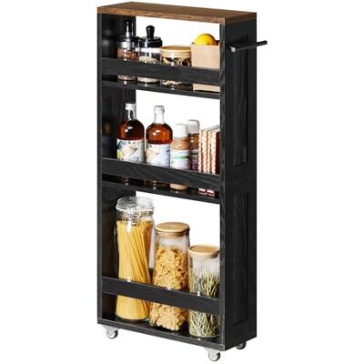 VASAGLE Chariot de Rangement Fin à 4 Niveaux, Étagère de Cuisine avec roulettes, avec Poignée, Petit Espace, 15 x 43,2 x 86,5 cm, Salle de Bain, Buanderie, Noir Boisé et Marron Rustique LRC050K02 - Publicité VASAGLE Chariot de Rangement Fin à 4 Niveaux, Étagère de Cuisine avec roulettes, avec Poignée, Petit Espace, 15 x 43,2 x 86,5 cm, Salle de Bain, Buanderie, Noir Boisé et Marron Rustique LRC050K02 - Publicité