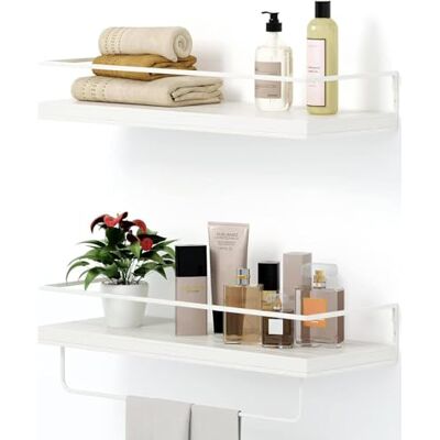 Shario Lot de 2 étagères flottantes murales à suspendre avec porte-serviettes blanc, étagères de rangement décoratives pour salle de bain, cuisine, salon et chambre à coucher (blanc rustique) - Publicité Shario Lot de 2 étagères flottantes murales à suspendre avec porte-serviettes blanc, étagères de rangement décoratives pour salle de bain, cuisine, salon et chambre à coucher (blanc rustique) - Publicité